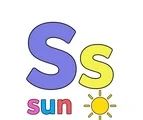 Large uppercase S, smaller lowercase s, the word sun, and a simple bright sun clue on a white background.
