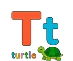 Large coral uppercase T, smaller turquoise lowercase t, the word turtle, and a simple turtle clue on white.