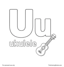 Large golden uppercase U, smaller coral lowercase u, the word ukulele, and a colorful ukulele clue on white.
