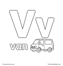 Large red uppercase V, smaller blue lowercase v, the word van, and a simple colorful van on a white background.