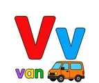 Large red uppercase V, smaller blue lowercase v, the word van, and a simple colorful van on a white background.