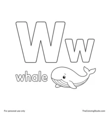 Large cobalt uppercase W, smaller yellow lowercase w, the word whale, and a simple friendly whale on a white background.