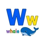 Large cobalt uppercase W, smaller yellow lowercase w, the word whale, and a simple friendly whale on a white background.