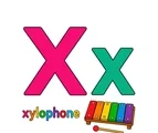 Large magenta uppercase X, smaller teal lowercase x, the word xylophone, and a colorful six-bar xylophone on white.