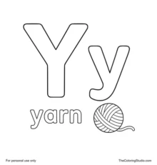 Large lime-green uppercase Y, smaller orange lowercase y, the word yarn, and a colorful ball of yarn on white.