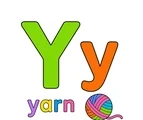 Large lime-green uppercase Y, smaller orange lowercase y, the word yarn, and a colorful ball of yarn on white.