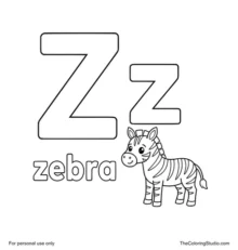 Large aqua uppercase Z, smaller coral lowercase z, the word zebra, and a simple full-body striped zebra on white.