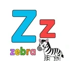 Large aqua uppercase Z, smaller coral lowercase z, the word zebra, and a simple full-body striped zebra on white.