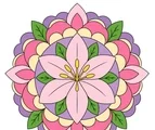 Lily mandala with pointed cream petals, yellow stamen shapes, green leaves, and flat decorative rings on white background.