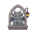 Small cartoon gargoyle sitting on a stone pedestal beneath a pointed Gothic arch with a hanging lantern.