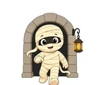 Friendly cartoon mummy with broad bandages standing by a simple stone doorway and a small hanging lantern.