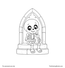 Friendly cartoon skeleton sitting on a stone step and holding a large candle beneath a simple Gothic wall niche.