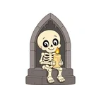 Friendly cartoon skeleton sitting on a stone step and holding a large candle beneath a simple Gothic wall niche.