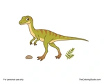 Small friendly Compsognathus walking with a narrow head, short arms, strong hind legs, long tail, pebble, and fern.