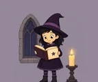 Child-friendly cartoon witch reading an open grimoire beside a candle and a simple pointed Gothic window.