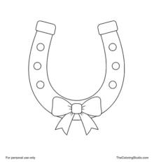 Golden upright horseshoe with six nail holes and a green ribbon tied around the lower curve on white.