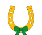 Golden upright horseshoe with six nail holes and a green ribbon tied around the lower curve on white.