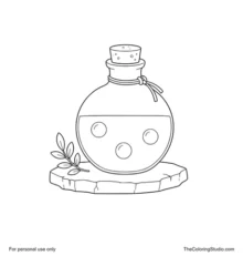 Corked round potion bottle filled with blue magical liquid resting on a simple stone slab.