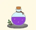 Corked round potion bottle filled with blue magical liquid resting on a simple stone slab.