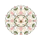 Symmetrical magnolia floral mandala with broad petals, paired leaves, small buds, and an open radial arrangement.