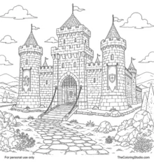 Fortified medieval castle with two towers, battlements, banners, a lowered drawbridge, and a surrounding moat.
