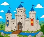 Fortified medieval castle with two towers, battlements, banners, a lowered drawbridge, and a surrounding moat.
