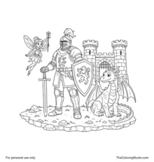 Medieval fantasy group with an armored knight, friendly dragon, woodland fairy, and stone castle.