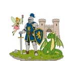 Medieval fantasy group with an armored knight, friendly dragon, woodland fairy, and stone castle.