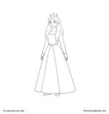 Medieval princess wearing a simple floor-length gown and small crown on a plain background.