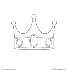 Gold medieval crown with three broad points and three large colored gemstones on a plain background.