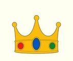 Gold medieval crown with three broad points and three large colored gemstones on a plain background.
