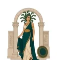 Medusa in Greek robes with eight snake heads for hair, standing inside a pale stone sanctuary.
