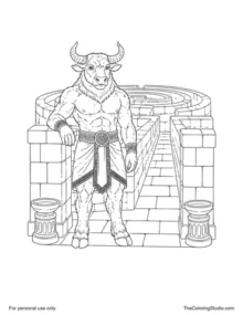 Calm Minotaur with two curved horns standing beside layered stone walls at a labyrinth entrance.