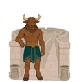 Calm Minotaur with two curved horns standing beside layered stone walls at a labyrinth entrance.