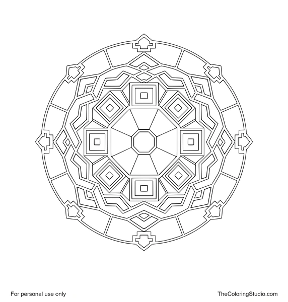Octagonal geometric mandala with layered triangles, squares, diamonds, lattice bands and segmented outer arcs.