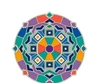 Octagonal geometric mandala with layered triangles, squares, diamonds, lattice bands and segmented outer arcs.