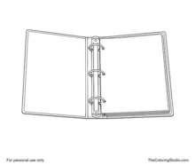 Open three-ring school binder with blank loose-leaf pages, broad covers, central spine, and three simple metal rings.