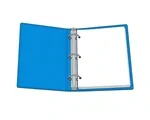 Open three-ring school binder with blank loose-leaf pages, broad covers, central spine, and three simple metal rings.