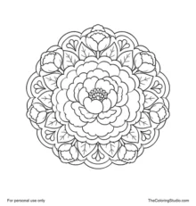 Peony mandala with layered pink petals, green leaf shapes, and flat decorative rings on a white background.