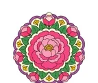 Peony mandala with layered pink petals, green leaf shapes, and flat decorative rings on a white background.