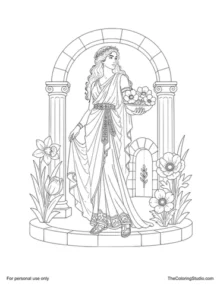 Persephone in Greek robes holding a bowl with three flowers beneath a pale stone arch.
