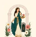 Persephone in Greek robes holding a bowl with three flowers beneath a pale stone arch.