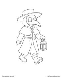 Friendly plague doctor walking with a broad hat, beak mask, long coat, and small lantern on a white background.