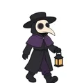 Friendly plague doctor walking with a broad hat, beak mask, long coat, and small lantern on a white background.