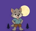 Friendly cartoon werewolf standing under a full moon with two simple pine trees in the background.