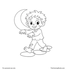 Friendly cartoon zombie walking beneath a crescent moon with a short simple stone path behind his feet.