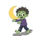 Friendly cartoon zombie walking beneath a crescent moon with a short simple stone path behind his feet.