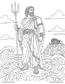 Poseidon standing with a tall trident among broad blue waves beside a distant Greek temple.
