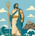 Poseidon standing with a tall trident among broad blue waves beside a distant Greek temple.