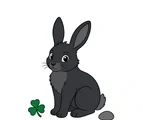 Black rabbit puca sitting beside a three-leaf shamrock and one small rounded stone.